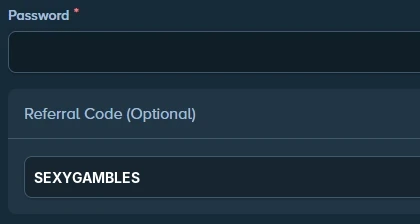 Stake sign-up form with referral code sexygambles entered